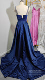 Prom Dress 2025 Double Strap V Neck Navy Blue Satin Prom Dresses with Slit FD1820-unique prom dresses-Navy Blue-Custom Size-Viniodress