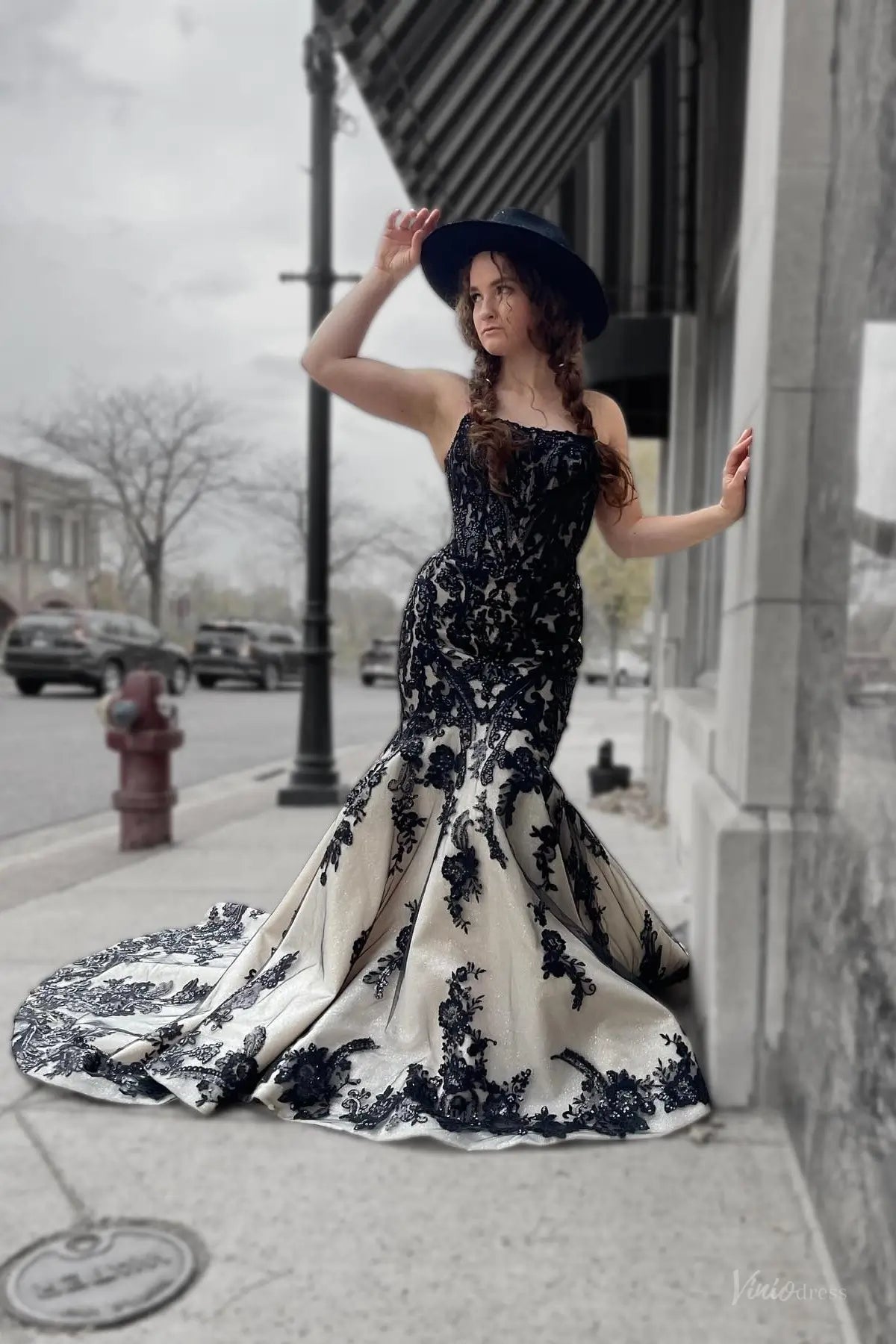 Black Lace Mermaid Wedding Dress with Chapel Train BK124 Viniodress Black Lace Mermaid Wedding Dress with Chapel Train BK124 Viniodress