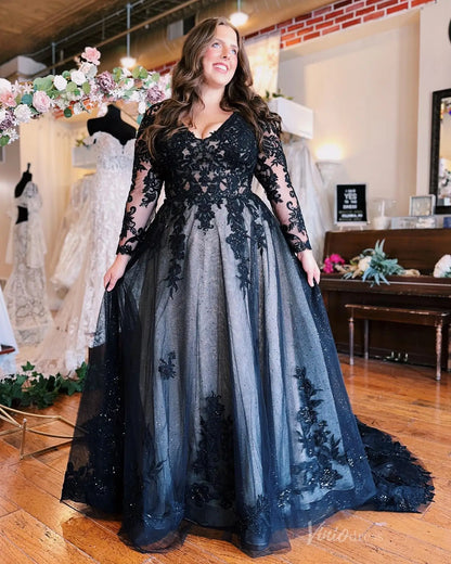 Dramatic Black Plus Size Wedding Dress with Beaded Lace Bodice, Long Sleeves & Slit A-Line Skirt – BK123-wedding dresses 2025 -Viniodress-Black-Custom Size-Long