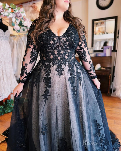 Dramatic Black Plus Size Wedding Dress with Beaded Lace Bodice, Long Sleeves & Slit A-Line Skirt – BK123-wedding dresses 2025 -Viniodress-Black-Custom Size-Long