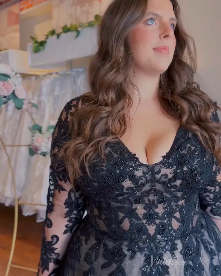 Dramatic Black Plus Size Wedding Dress with Beaded Lace Bodice, Long Sleeves & Slit A-Line Skirt – BK123-wedding dresses 2025 -Viniodress-Black-Custom Size-Long