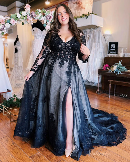Dramatic Black Plus Size Wedding Dress with Beaded Lace Bodice, Long Sleeves & Slit A-Line Skirt – BK123-wedding dresses 2025 -Viniodress-Black-Custom Size-Long
