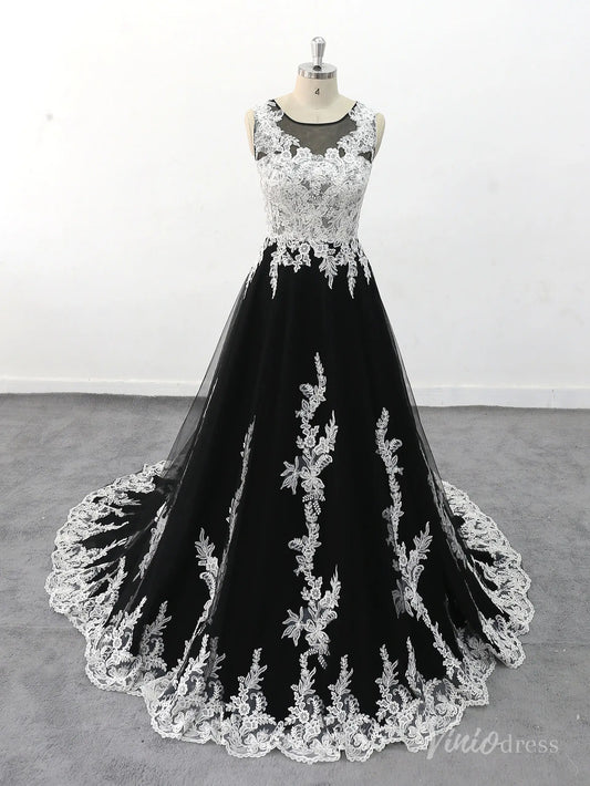 Dramatic Black Wedding Dress with White Lace Appliques, Illusion Neckline, and Chapel Train – BK122-wedding dresses 2025 -Viniodress-Black-Custom Size-