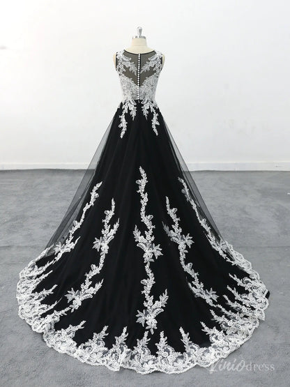 Dramatic Black Wedding Dress with White Lace Appliques, Illusion Neckline, and Chapel Train – BK122-wedding dresses 2025 -Viniodress-Black-Custom Size-