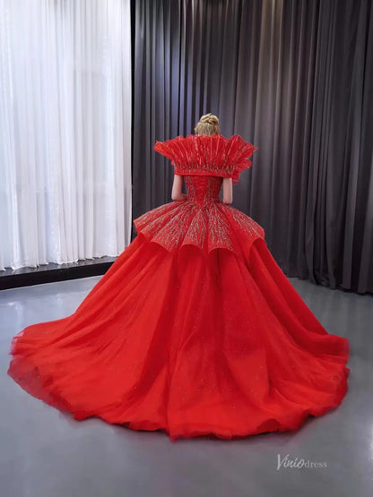 Dramatic Red Ball Gown with Sparkling Petal Neckline Quinceanera Dresses – Style 251019-Quinceanera Dresses 2026-Viniodress-Red-Custom Size-
