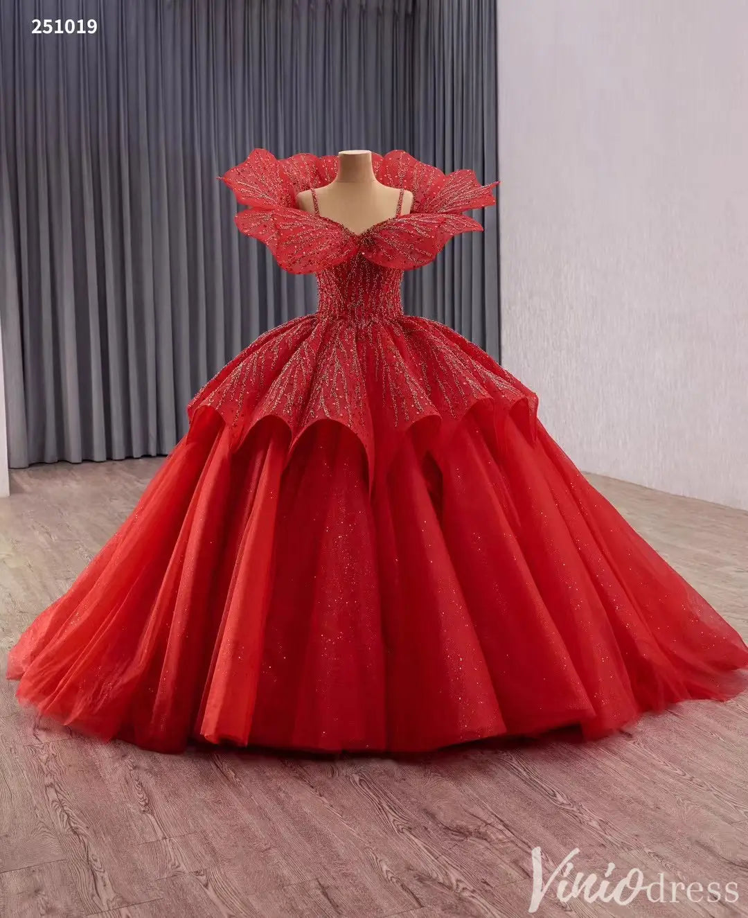 Dramatic Red Ball Gown with Sparkling Petal Neckline Quinceanera Dresses – Style 251019-Quinceanera Dresses 2025 -Viniodress-Red-Custom Size-