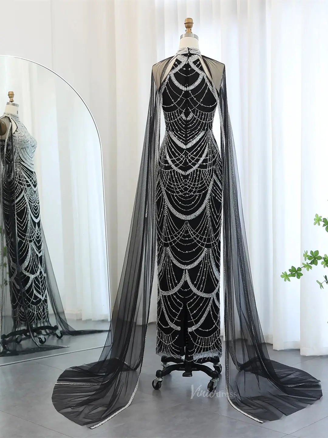 Draped Sleeve Prom Dresses Beaded Formal Dresses, Halter Neck, Cape Sleeve BD025-Evening Dresses 2025 -Viniodress-Black-US 2-