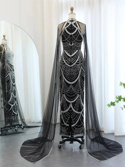 Draped Sleeve Prom Dresses Beaded Formal Dresses, Halter Neck, Cape Sleeve BD025-Evening Dresses 2025 -Viniodress-Black-US 2-