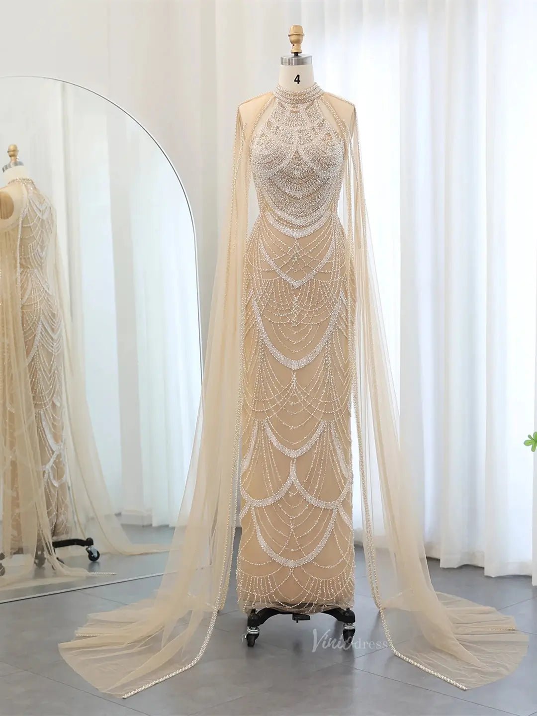 Draped Sleeve Prom Dresses Beaded Formal Dresses, Halter Neck, Cape Sleeve BD025-Evening Dresses 2025 -Viniodress-Champagne-US 2-