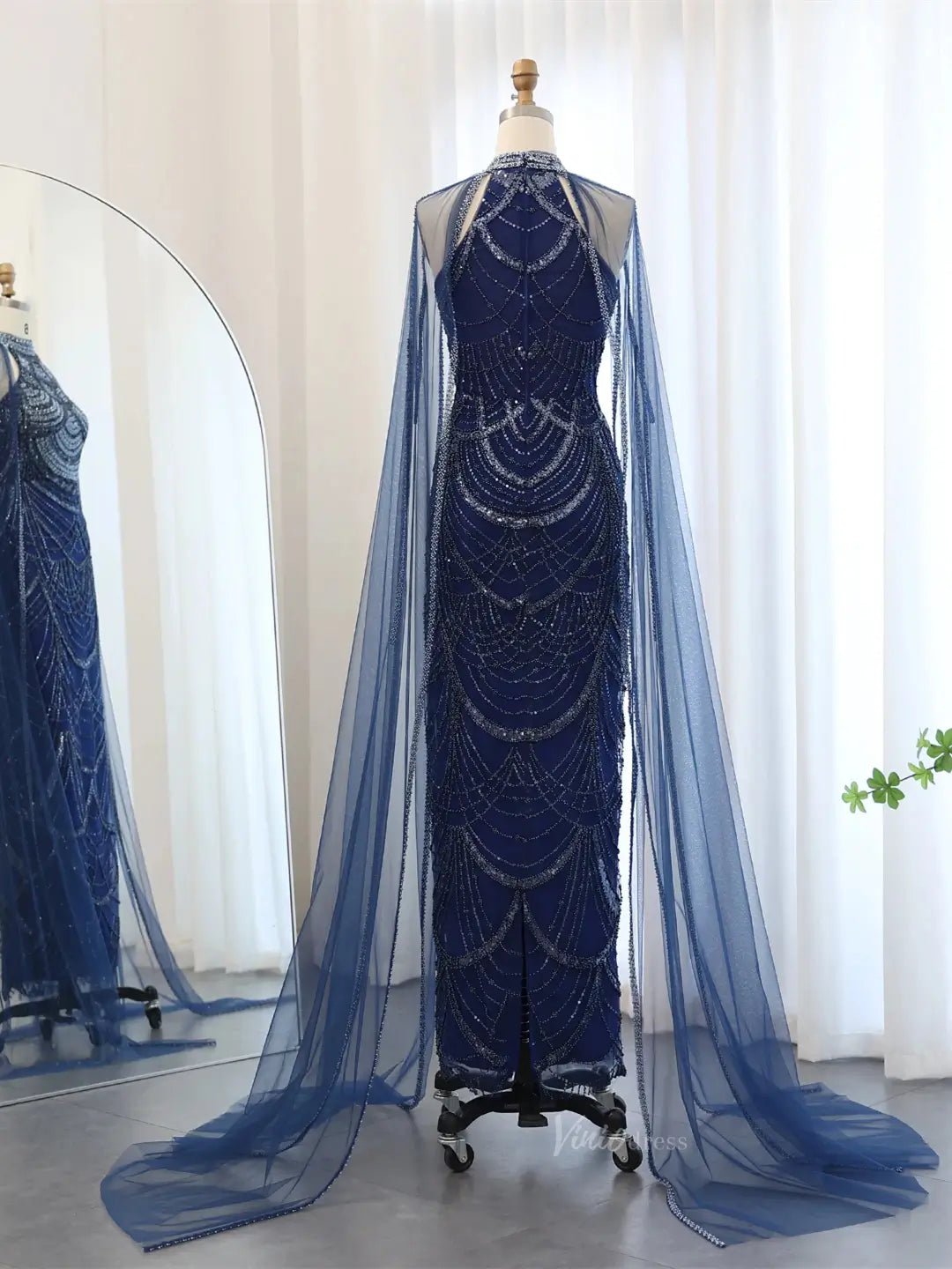 Draped Sleeve Prom Dresses Beaded Formal Dresses, Halter Neck, Cape Sleeve BD025-Evening Dresses 2025 -Viniodress-Fuchsia-US 2-