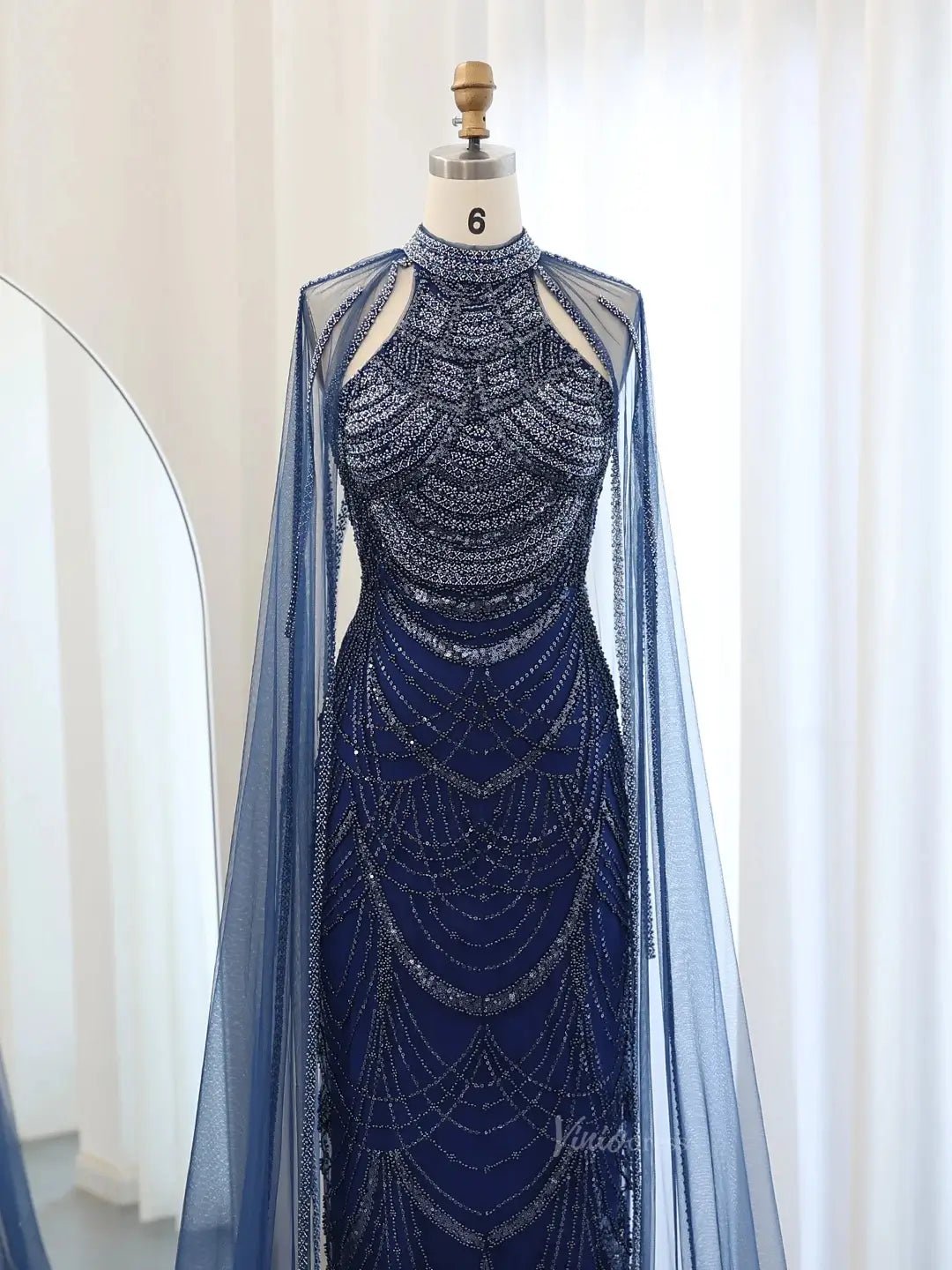Draped Sleeve Prom Dresses Beaded Formal Dresses, Halter Neck, Cape Sleeve BD025-Evening Dresses 2025 -Viniodress-Fuchsia-US 2-