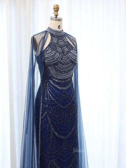 Draped Sleeve Prom Dresses Beaded Formal Dresses, Halter Neck, Cape Sleeve BD025-Evening Dresses 2025 -Viniodress-Fuchsia-US 2-