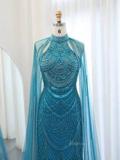 Draped Sleeve Prom Dresses Beaded Formal Dresses, Halter Neck, Cape Sleeve BD025-Evening Dresses 2025 -Viniodress-Fuchsia-US 2-