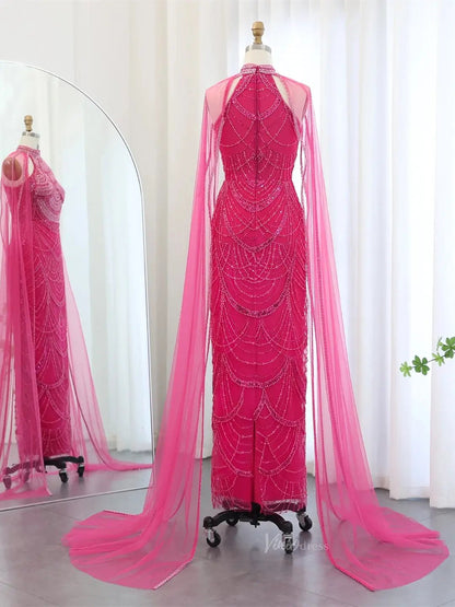 Draped Sleeve Prom Dresses Beaded Formal Dresses, Halter Neck, Cape Sleeve BD025-Evening Dresses 2025 -Viniodress-Fuchsia-US 2-