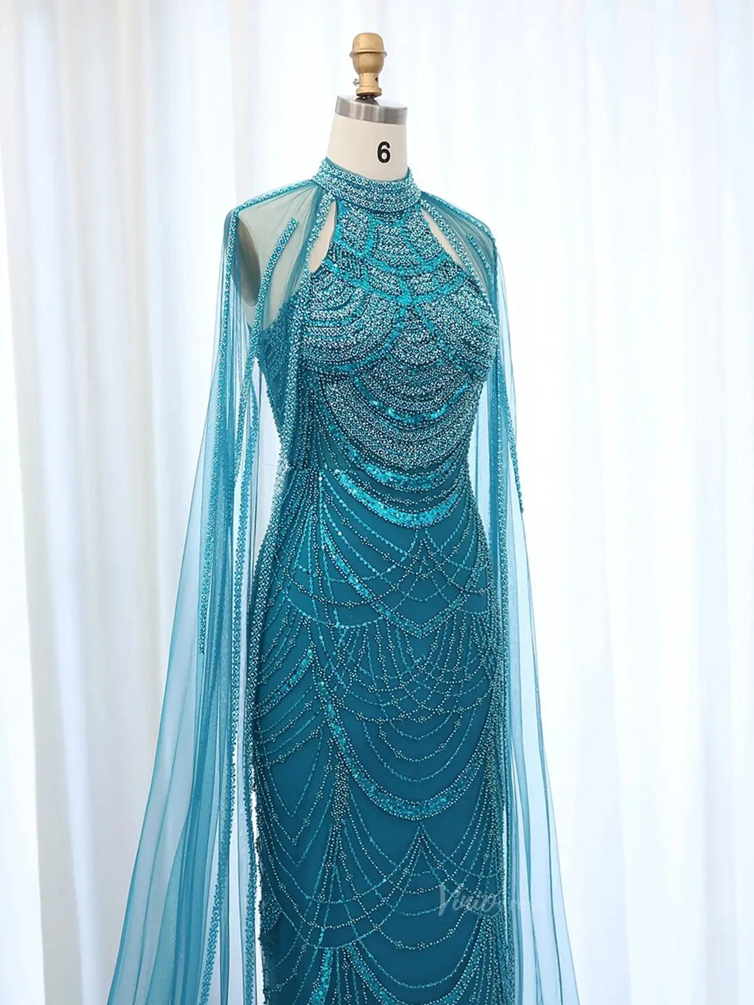 Draped Sleeve Prom Dresses Beaded Formal Dresses, Halter Neck, Cape Sleeve BD025-Evening Dresses 2025 -Viniodress-Fuchsia-US 2-