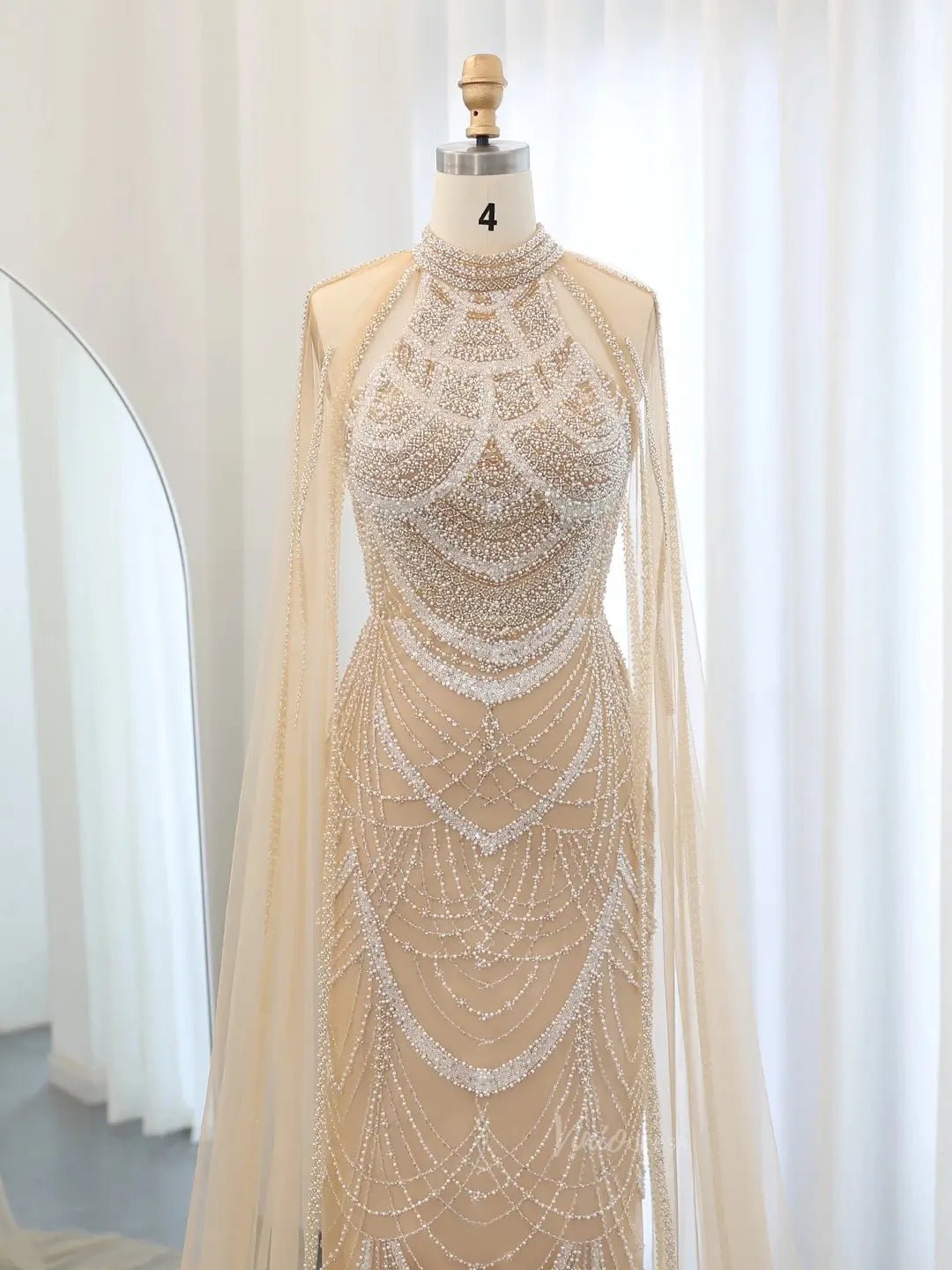 Draped Sleeve Prom Dresses Beaded Formal Dresses, Halter Neck, Cape Sleeve BD025-Evening Dresses 2025 -Viniodress-Fuchsia-US 2-