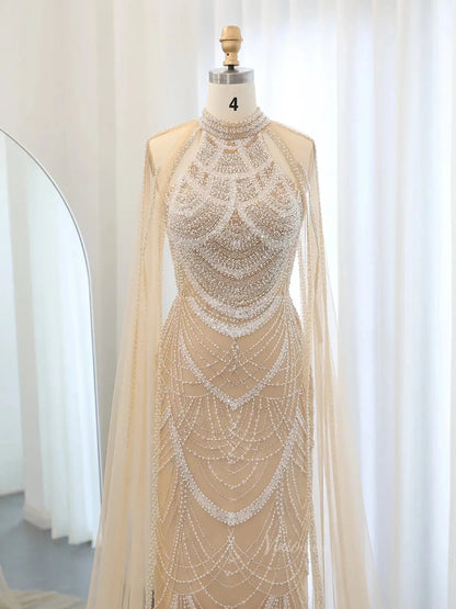 Draped Sleeve Prom Dresses Beaded Formal Dresses, Halter Neck, Cape Sleeve BD025-Evening Dresses 2025 -Viniodress-Fuchsia-US 2-
