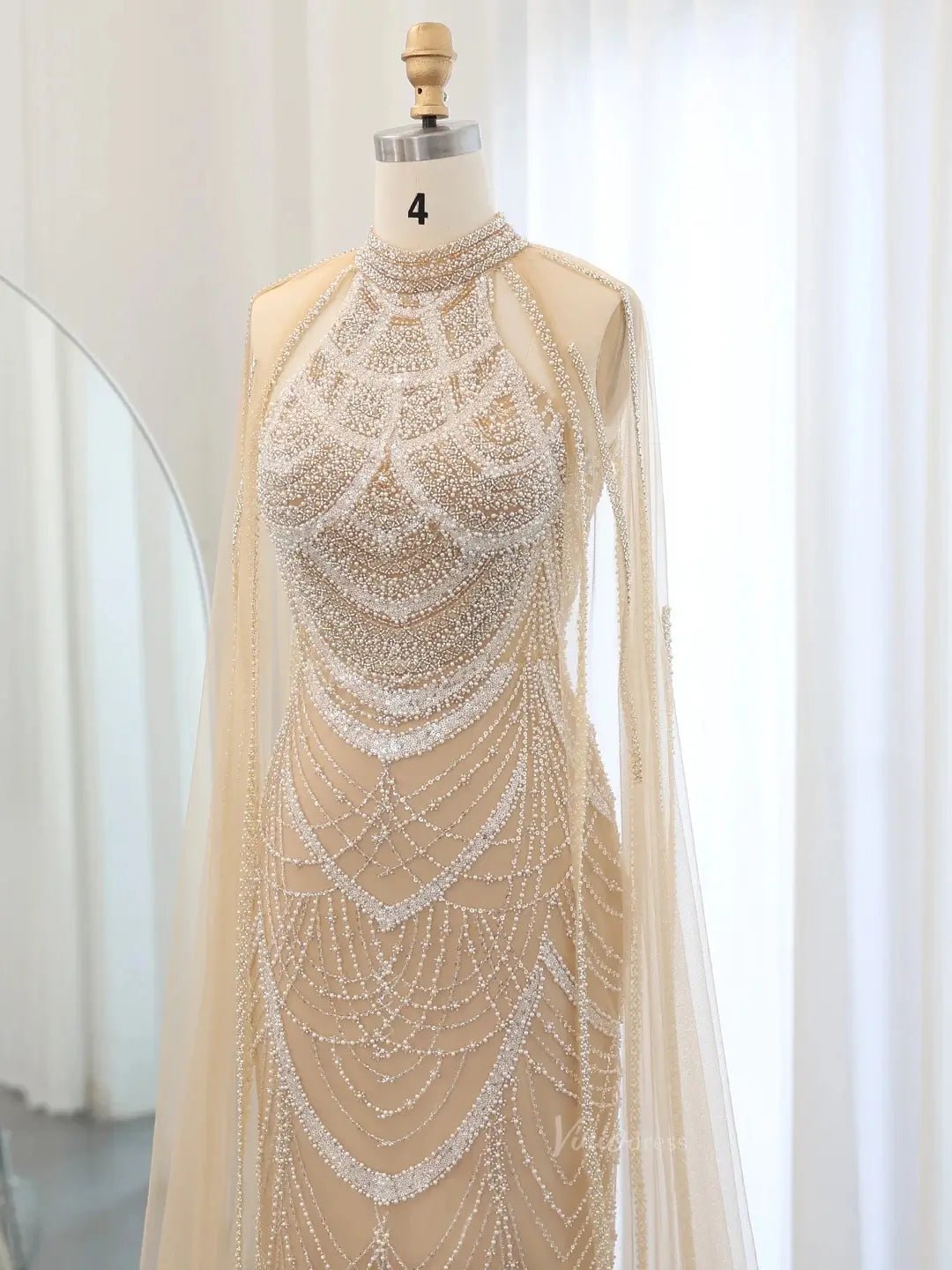 Draped Sleeve Prom Dresses Beaded Formal Dresses, Halter Neck, Cape Sleeve BD025-Evening Dresses 2025 -Viniodress-Fuchsia-US 2-
