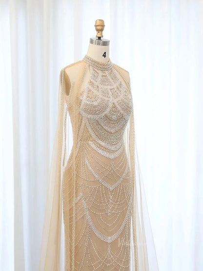 Draped Sleeve Prom Dresses Beaded Formal Dresses, Halter Neck, Cape Sleeve BD025-Evening Dresses 2025 -Viniodress-Fuchsia-US 2-
