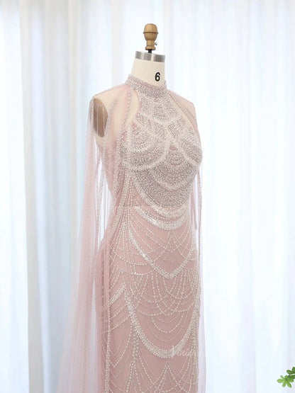 Draped Sleeve Prom Dresses Beaded Formal Dresses, Halter Neck, Cape Sleeve BD025-Evening Dresses 2025 -Viniodress-Fuchsia-US 2-