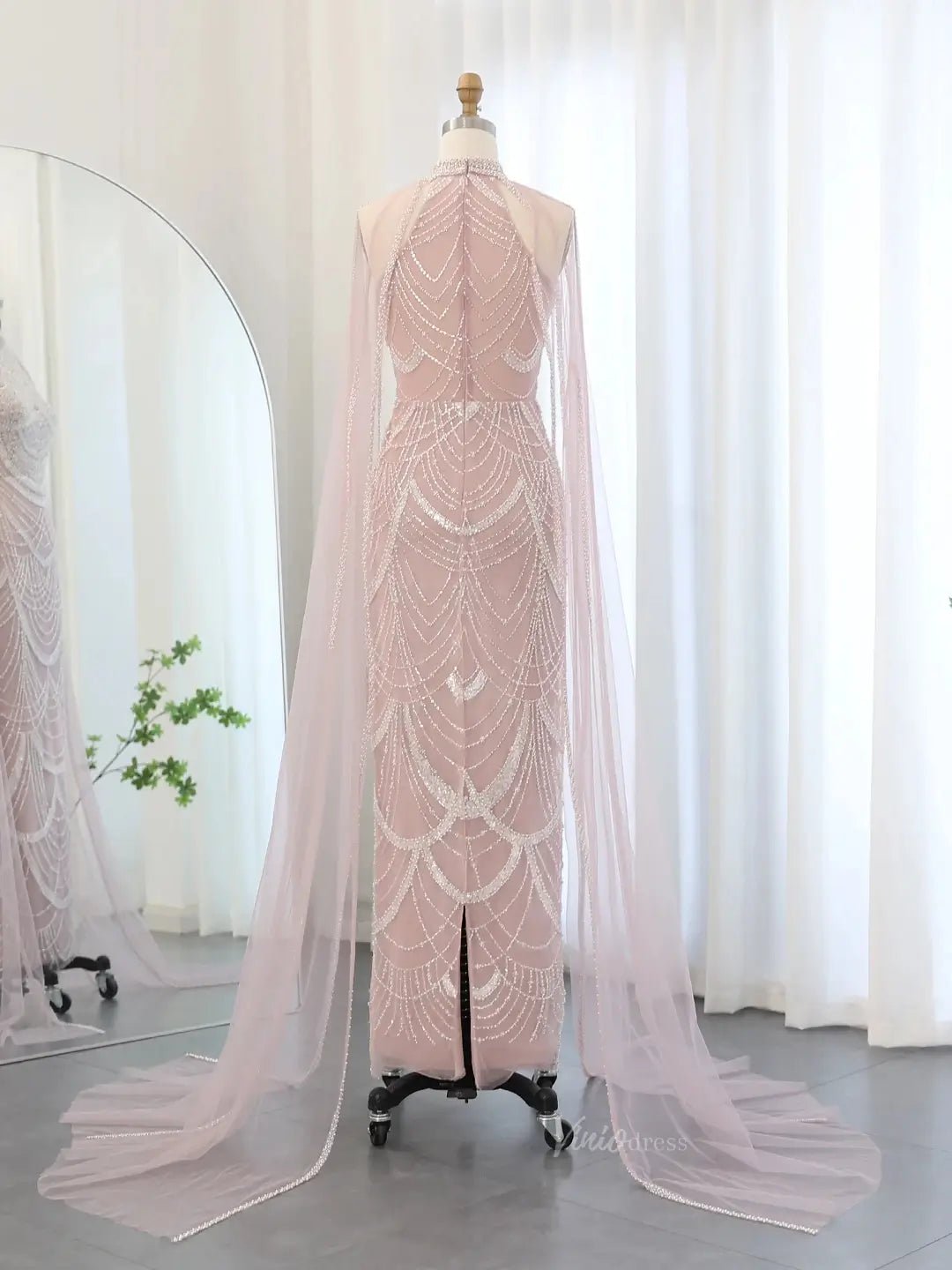 Draped Sleeve Prom Dresses Beaded Formal Dresses, Halter Neck, Cape Sleeve BD025-Evening Dresses 2025 -Viniodress-Fuchsia-US 2-