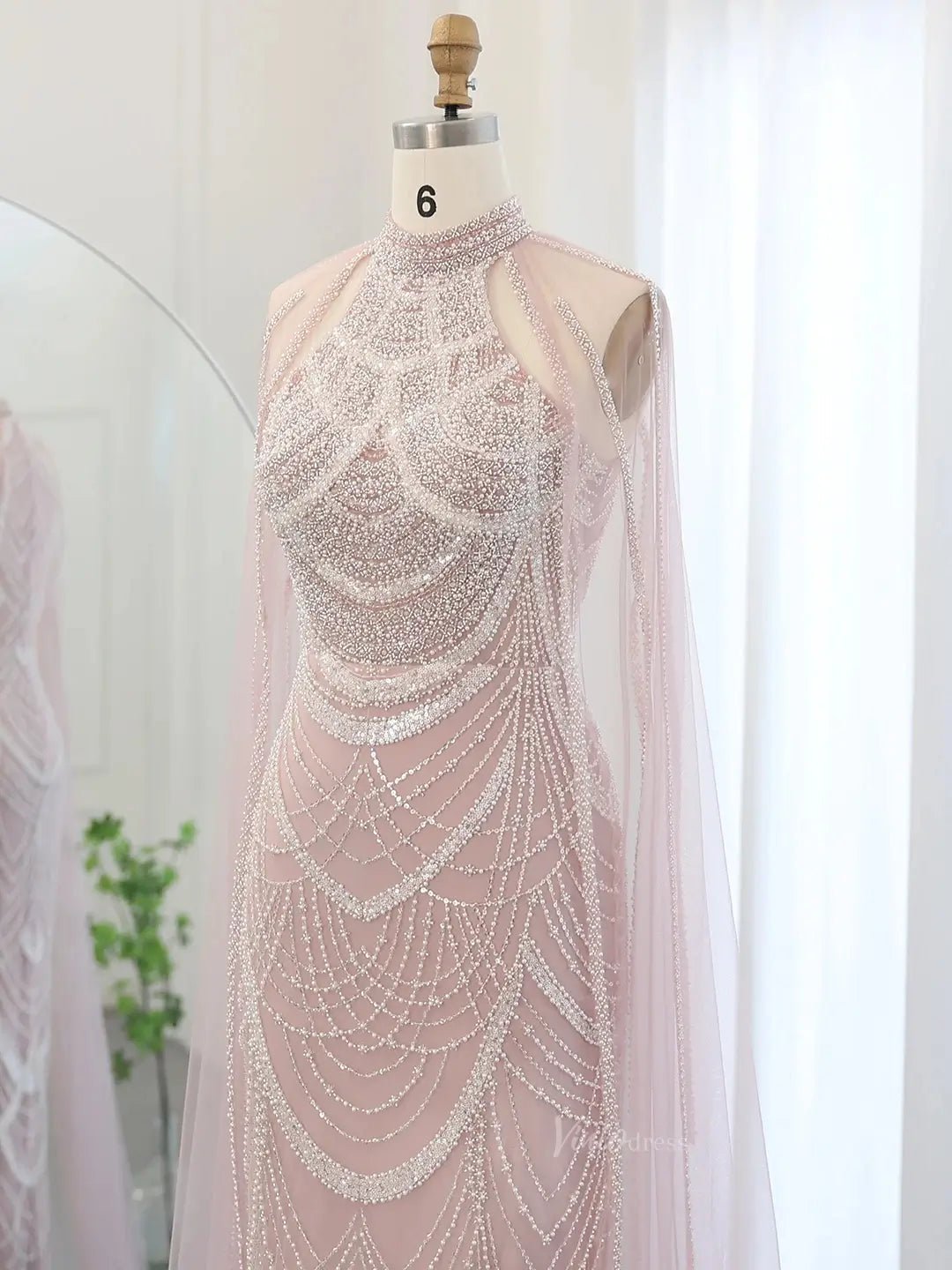 Draped Sleeve Prom Dresses Beaded Formal Dresses, Halter Neck, Cape Sleeve BD025-Evening Dresses 2025 -Viniodress-Fuchsia-US 2-