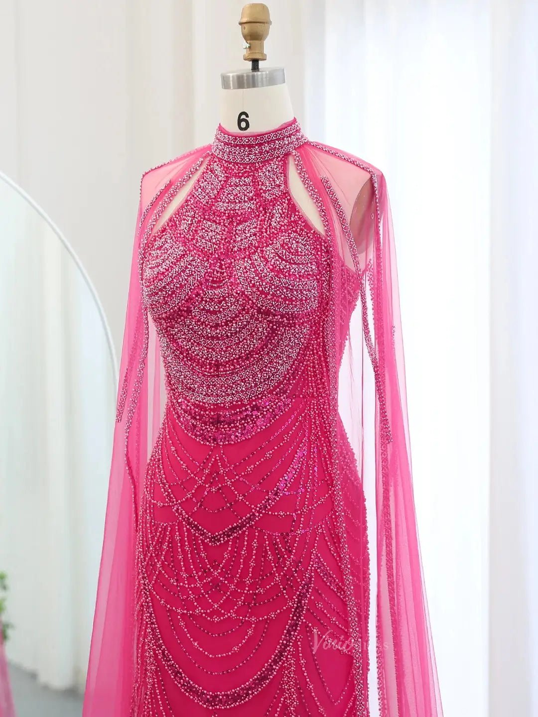 Draped Sleeve Prom Dresses Beaded Formal Dresses, Halter Neck, Cape Sleeve BD025-Evening Dresses 2025 -Viniodress-Fuchsia-US 2-