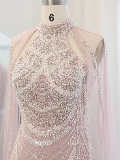 Draped Sleeve Prom Dresses Beaded Formal Dresses, Halter Neck, Cape Sleeve BD025-Evening Dresses 2025 -Viniodress-Fuchsia-US 2-