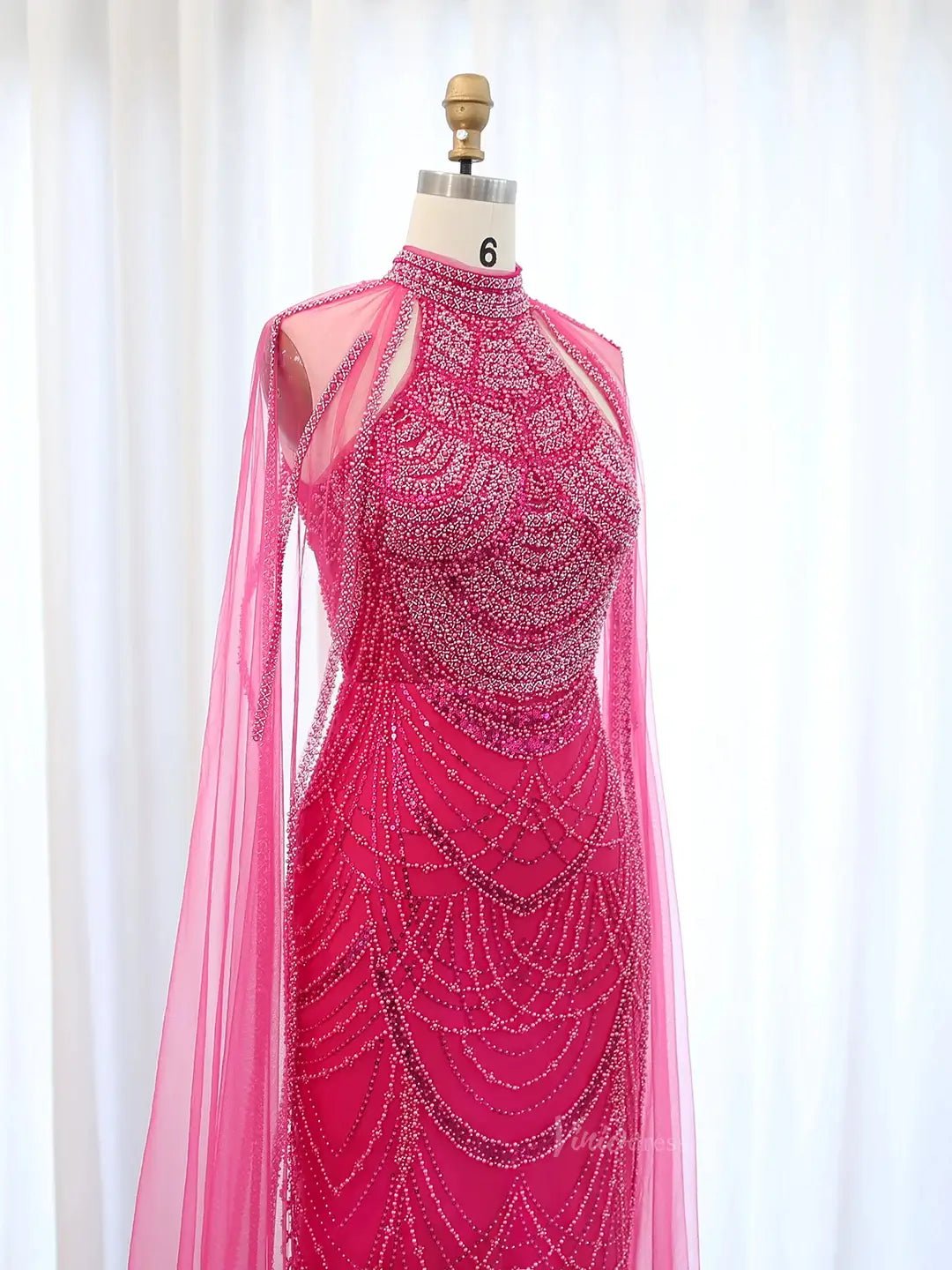 Draped Sleeve Prom Dresses Beaded Formal Dresses, Halter Neck, Cape Sleeve BD025-Evening Dresses 2025 -Viniodress-Fuchsia-US 2-