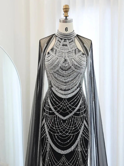 Draped Sleeve Prom Dresses Beaded Formal Dresses, Halter Neck, Cape Sleeve BD025-Evening Dresses 2025 -Viniodress-Fuchsia-US 2-