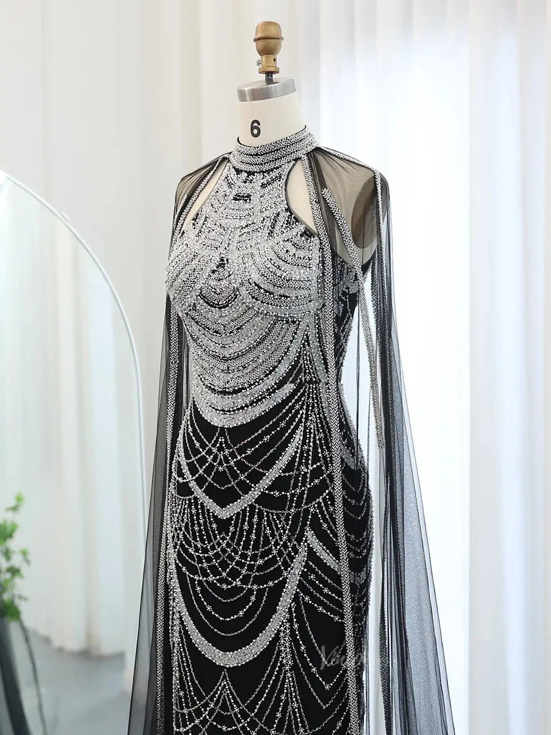 Draped Sleeve Prom Dresses Beaded Formal Dresses, Halter Neck, Cape Sleeve BD025-Evening Dresses 2025 -Viniodress-Fuchsia-US 2-