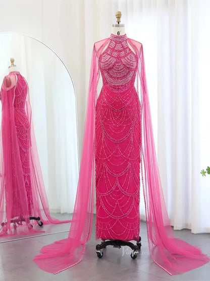 Draped Sleeve Prom Dresses Beaded Formal Dresses, Halter Neck, Cape Sleeve BD025-Evening Dresses 2025 -Viniodress-Fuchsia-US 2-