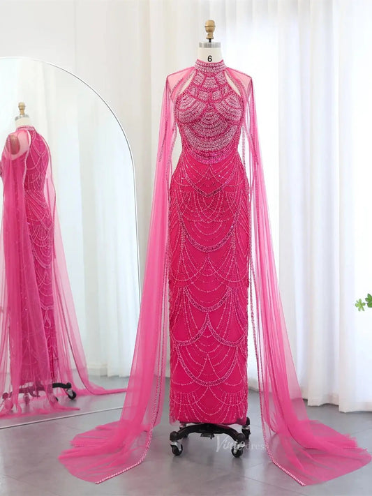 Draped Sleeve Prom Dresses Beaded Formal Dresses, Halter Neck, Cape Sleeve BD025-Evening Dresses 2025 -Viniodress-Fuchsia-US 2-
