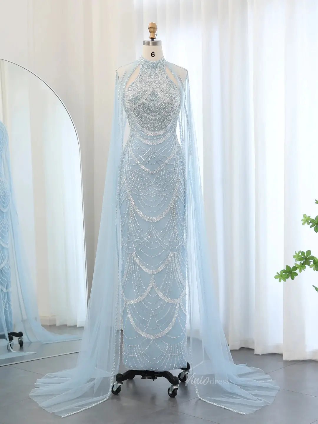 Draped Sleeve Prom Dresses Beaded Formal Dresses, Halter Neck, Cape Sleeve BD025-Evening Dresses 2025 -Viniodress-Light Bue-US 2-