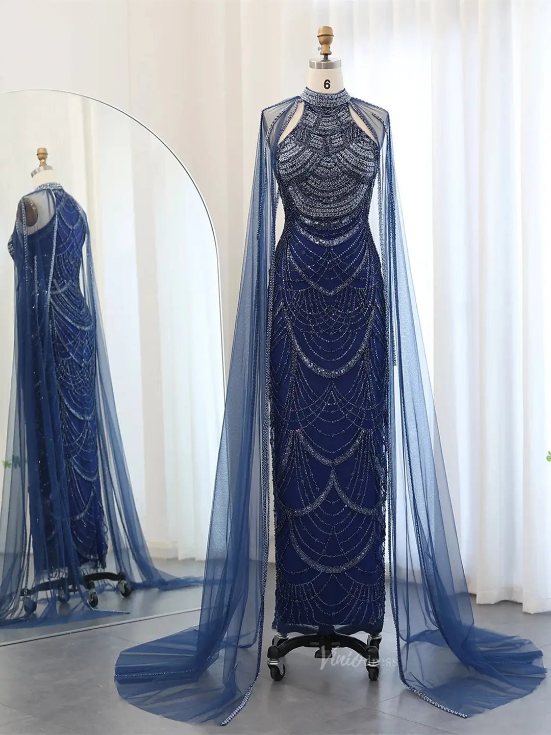 Draped Sleeve Prom Dresses Beaded Formal Dresses, Halter Neck, Cape Sleeve BD025-Evening Dresses 2025 -Viniodress-Navy-US 2-