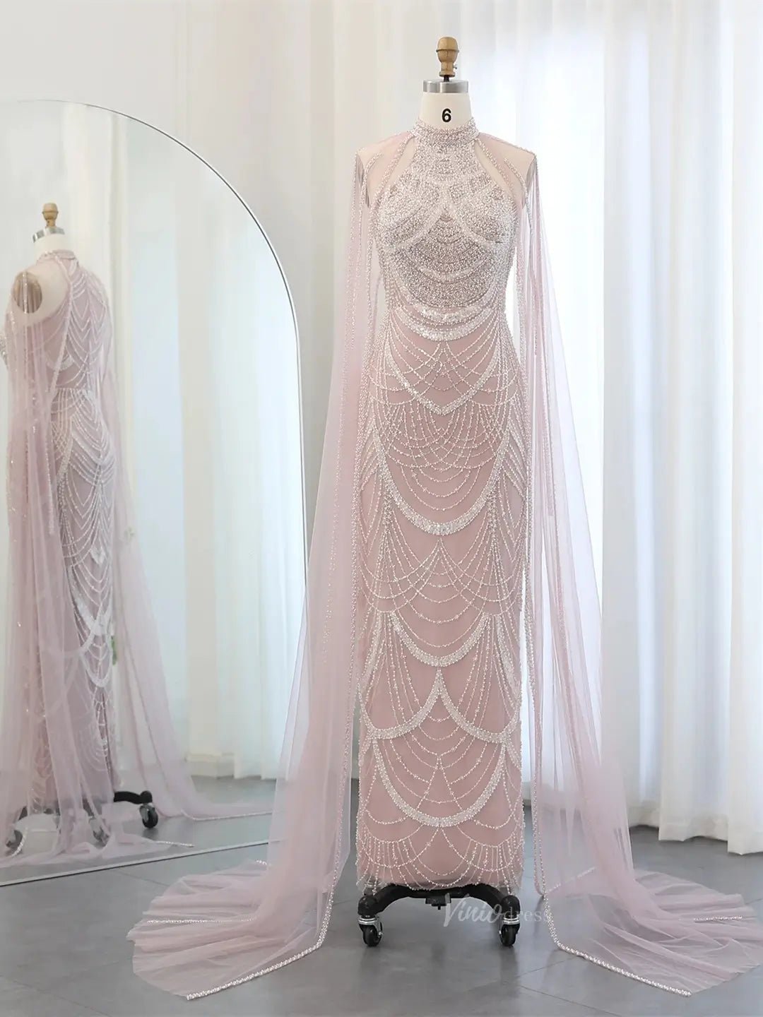 Draped Sleeve Prom Dresses Beaded Formal Dresses, Halter Neck, Cape Sleeve BD025-Evening Dresses 2025 -Viniodress-Pink-US 2-
