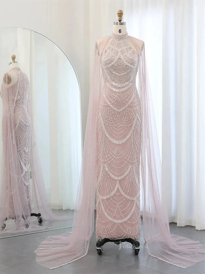 Draped Sleeve Prom Dresses Beaded Formal Dresses, Halter Neck, Cape Sleeve BD025-Evening Dresses 2025 -Viniodress-Pink-US 2-