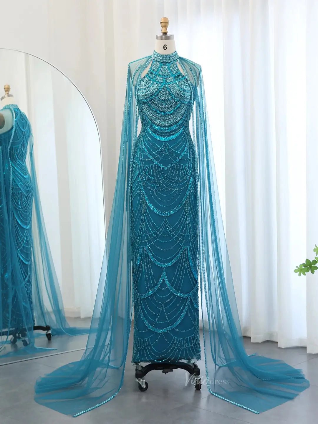 Draped Sleeve Prom Dresses Beaded Formal Dresses, Halter Neck, Cape Sleeve BD025-Evening Dresses 2025 -Viniodress-Teal-US 2-