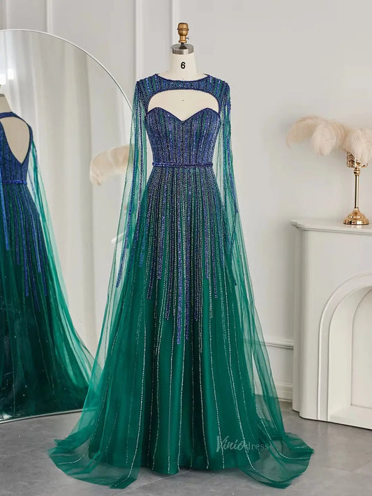 Draped Sleeve Prom Dresses Beaded Sparkly Formal Dresses Cape Sleeves BD030-Evening Dresses 2025 -Viniodress-Emerald Green-US 2-