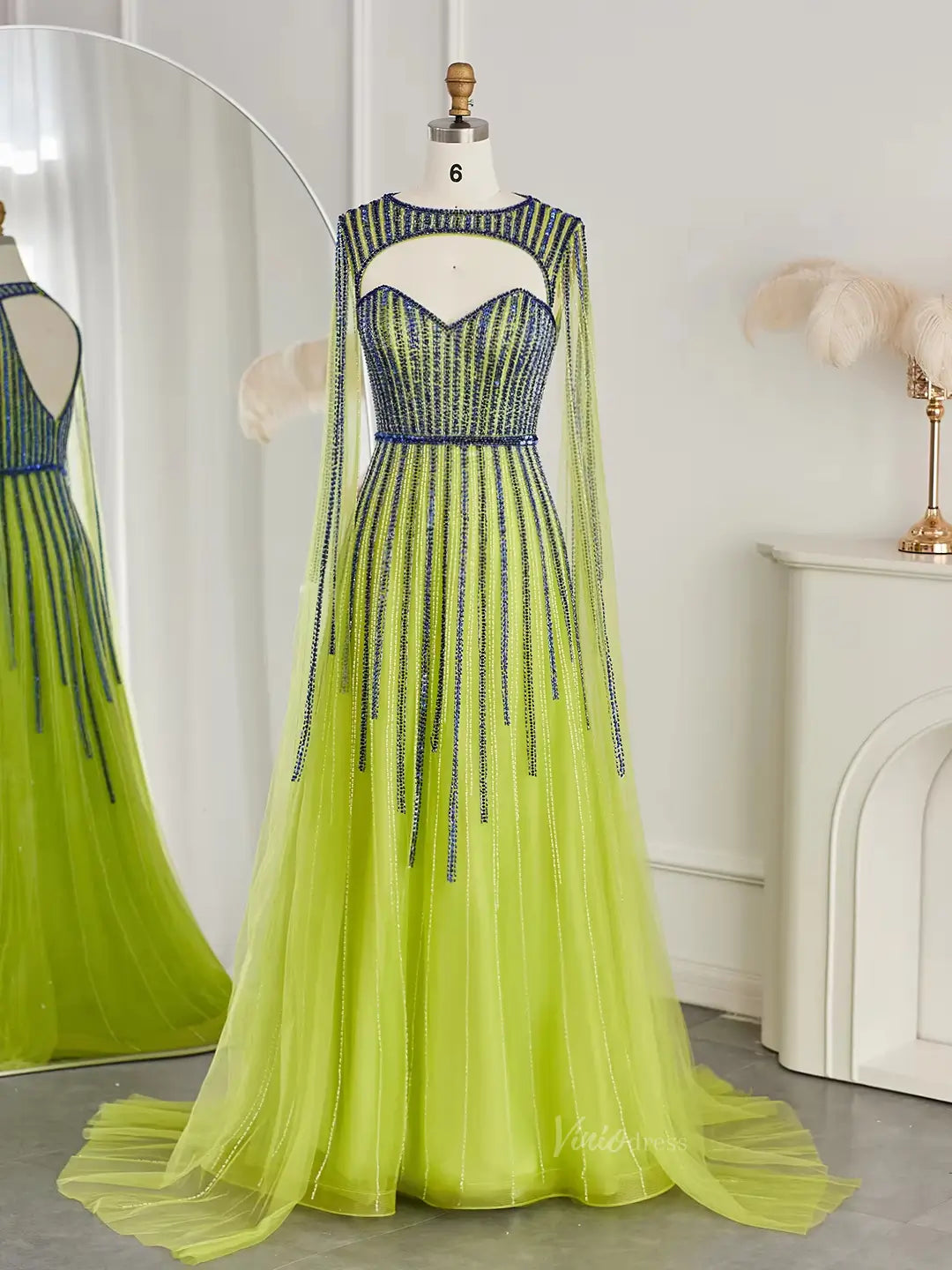 prom dresses 2025-to impress Draped Sleeve Prom Dresses Beaded Sparkly Formal Dresses Cape Sleeves BD030-plus size wedding dresses Viniodress-Light Green-US 2-