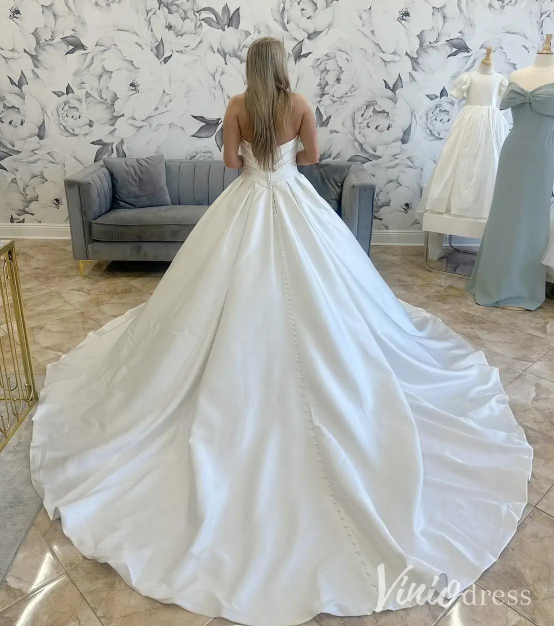 Draped Strapless Satin Wedding Dress with Basque Waist, Pockets and Cathedral Train – MS114-wedding dresses 2025 -Viniodress-Ivory-Custom Size-
