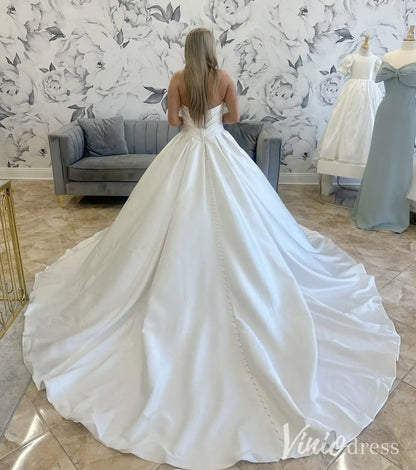 Draped Strapless Satin Wedding Dress with Basque Waist, Pockets and Cathedral Train – MS114-wedding dresses 2025 -Viniodress-Ivory-Custom Size-