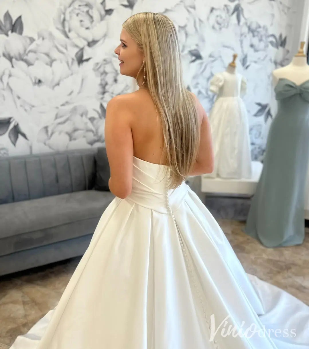 Draped Strapless Satin Wedding Dress with Basque Waist, Pockets and Cathedral Train – MS114-wedding dresses 2025 -Viniodress-Ivory-Custom Size-