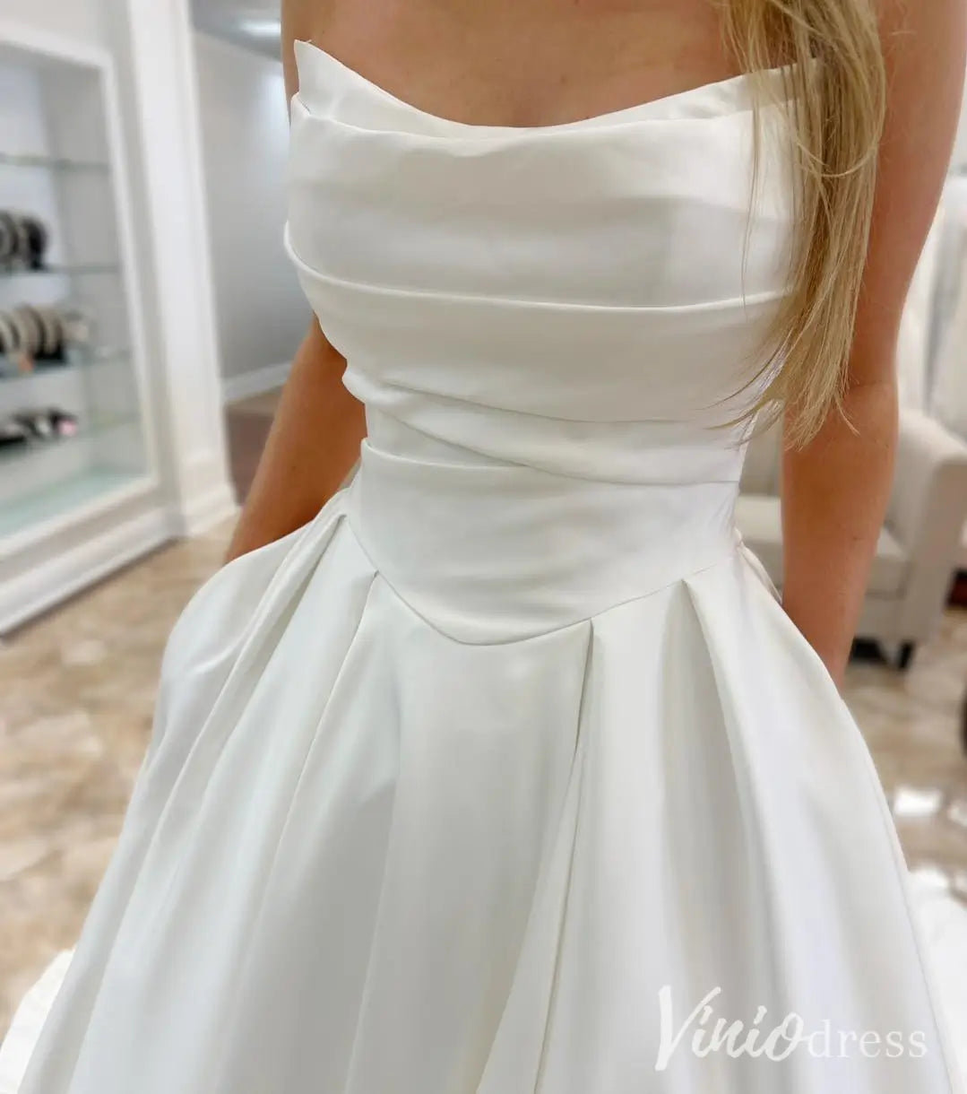 Draped Strapless Satin Wedding Dress with Basque Waist, Pockets and Cathedral Train – MS114-wedding dresses 2025 -Viniodress-Ivory-Custom Size-