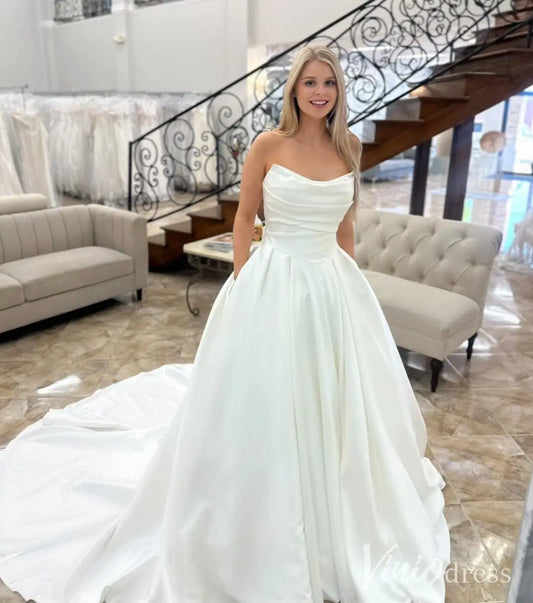 Draped Strapless Satin Wedding Dress with Basque Waist, Pockets and Cathedral Train – MS114-wedding dresses 2025 -Viniodress-Ivory-Custom Size-