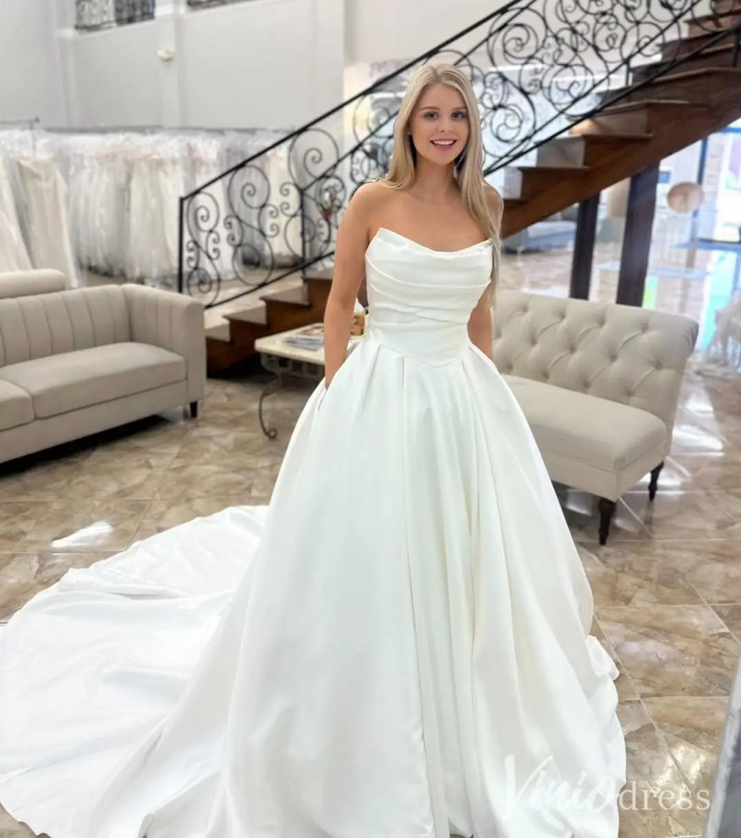 Draped Strapless Satin Wedding Dress with Basque Waist, Pockets and Cathedral Train – MS114-wedding dresses 2025 -Viniodress-Ivory-Custom Size-