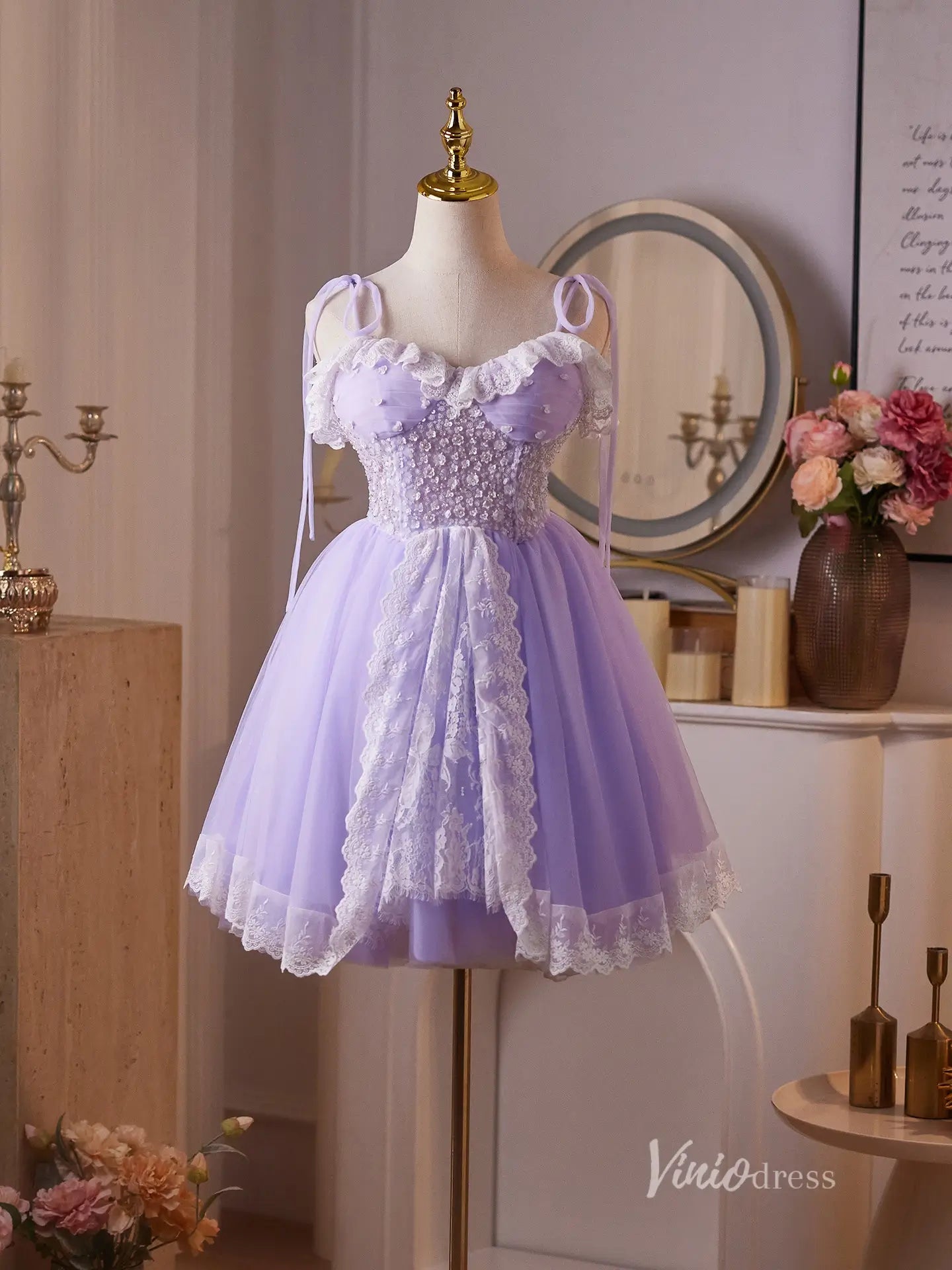 Dreamy Lavender Homecoming Dress with Tie-Strap, Beaded Bodice, Ruffled Sweetheart Neckline – BJ092-prom dresses 2025 -Viniodress-Lavender-Custom Size-