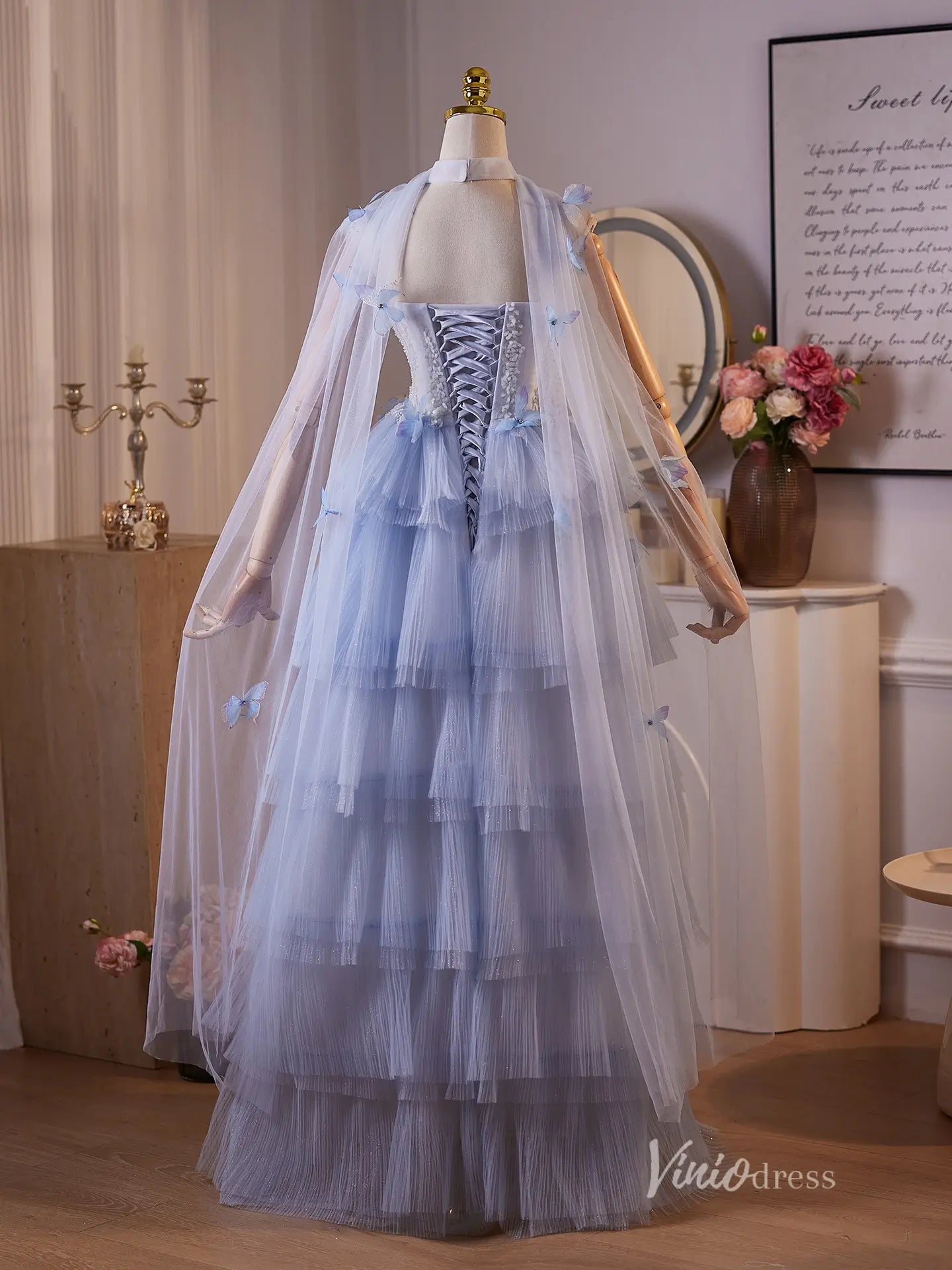 Dreamy Light Blue 3D Butterfly Evening Gown with Sheer Beaded Bodice, Layered Tulle Skirt & Removable Sheer Shawl – BJ097-prom dresses 2025 -Viniodress-Light Blue-Custom Size-