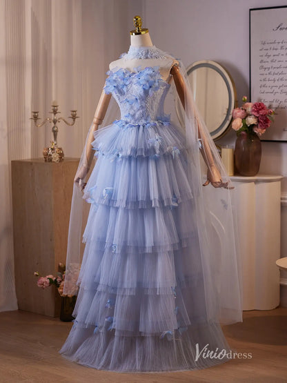 Dreamy Light Blue 3D Butterfly Evening Gown with Sheer Beaded Bodice, Layered Tulle Skirt & Removable Sheer Shawl – BJ097-prom dresses 2025 -Viniodress-Light Blue-Custom Size-