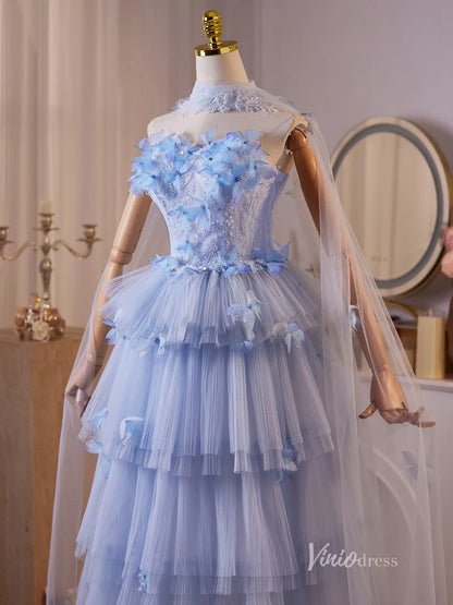 Dreamy Light Blue 3D Butterfly Evening Gown with Sheer Beaded Bodice, Layered Tulle Skirt & Removable Sheer Shawl – BJ097-prom dresses 2025 -Viniodress-Light Blue-Custom Size-